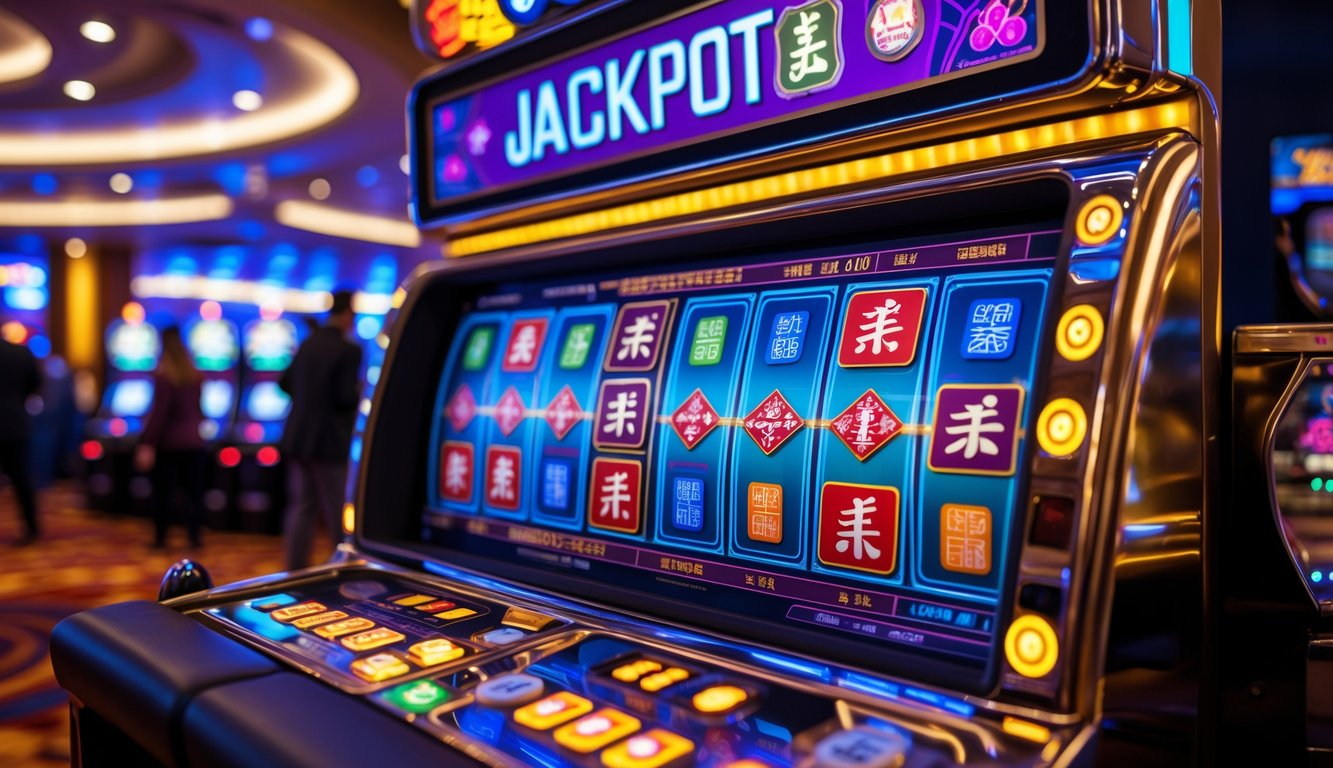 Mesin slot bertema Mahjong dengan ubin Mahjong berwarna-warni dan lampu jackpot yang menyala di dalam kasino.