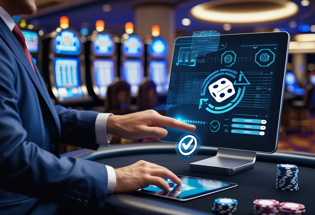 A person using a touchscreen device showing a digital dice roll and security symbols in a casino environment.