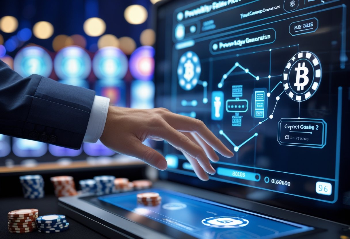A person interacting with a digital touchscreen showing cryptographic symbols and blockchain elements with poker chips and cards in the background.