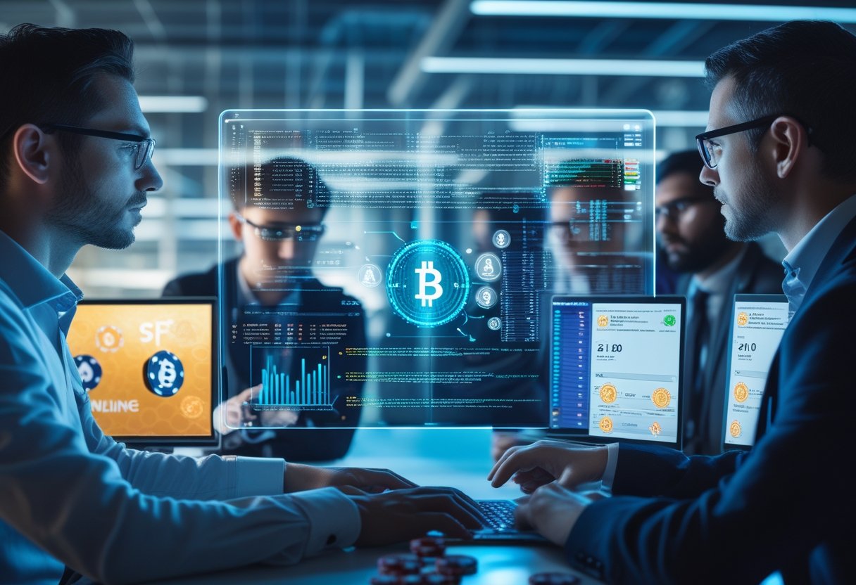 A group of professionals analyzing algorithmic data on computer screens with digital gambling elements in the background.