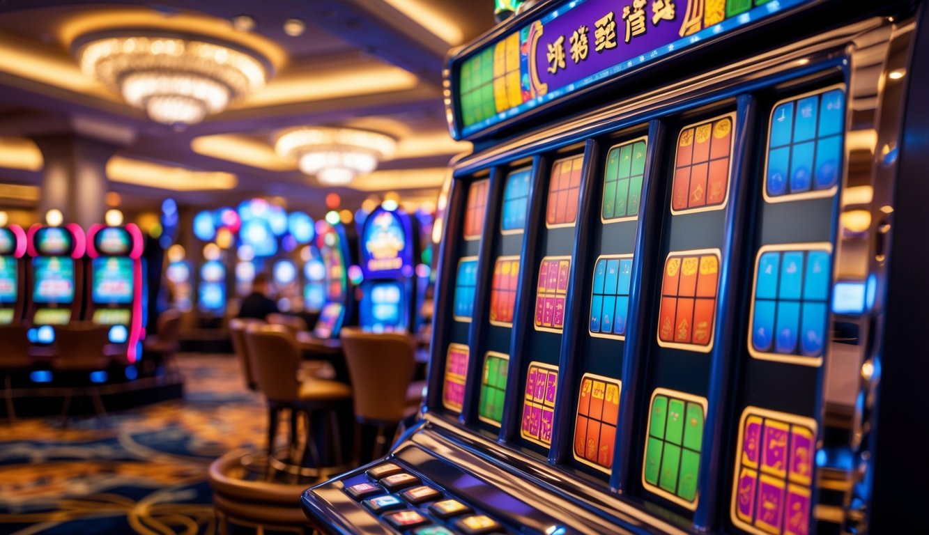 Mesin slot dengan simbol ubin Mahjong berwarna-warni di dalam kasino yang terang dan ramai.