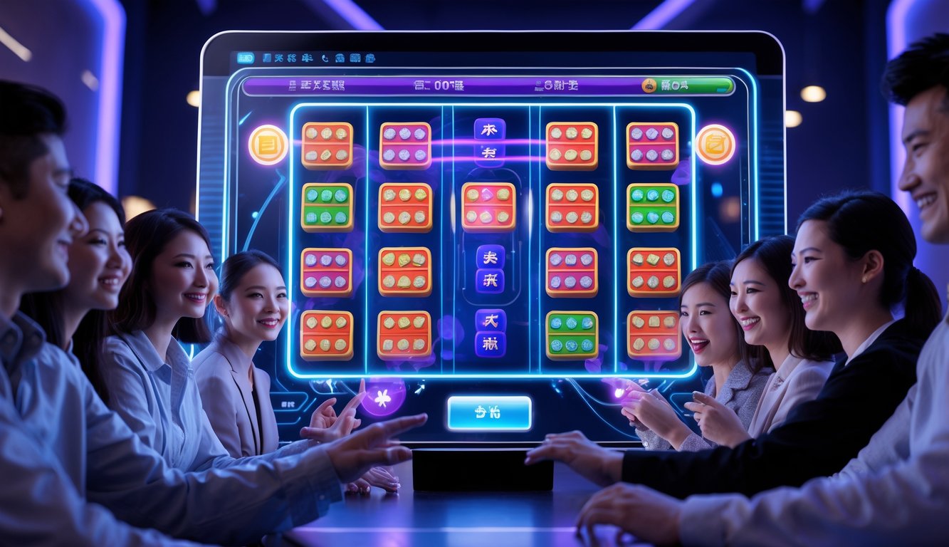 Sekelompok orang muda bermain permainan slot online bertema Mahjong di sebuah ruangan dengan layar sentuh besar dan pencahayaan ambient biru dan ungu.