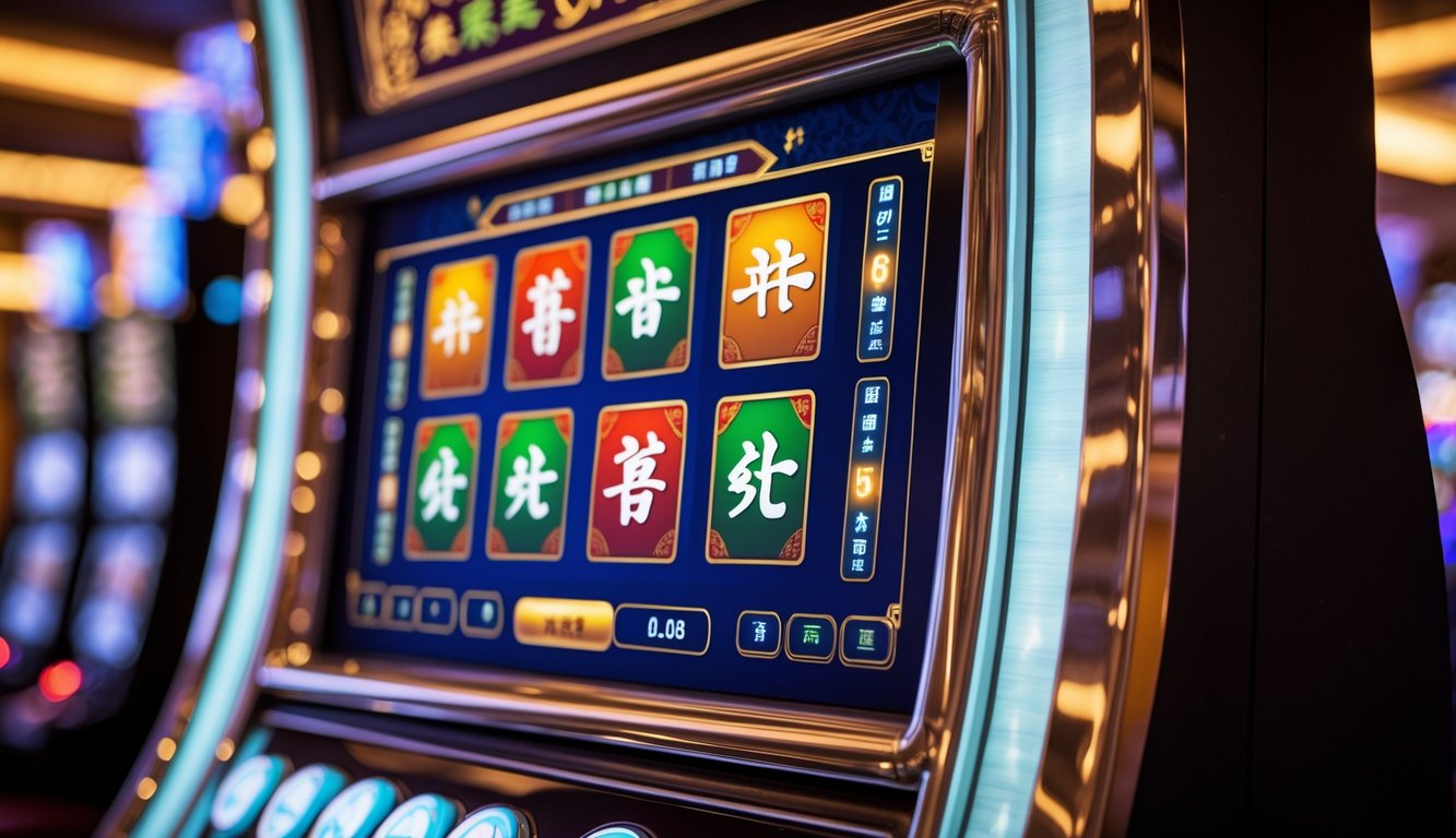 Mesin slot Mahjong dengan simbol ubin Mahjong berwarna-warni dalam suasana kasino.