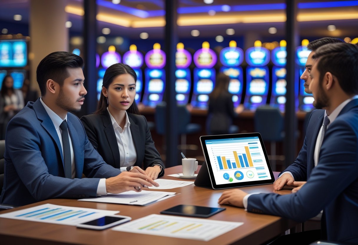 A customer speaking with a customer service representative in an office with a blurred casino floor visible through a window.