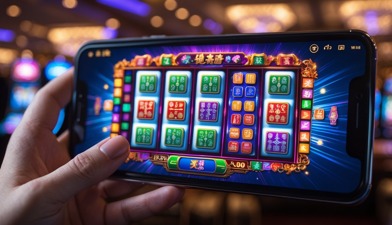 Seseorang memegang ponsel yang menampilkan permainan slot dengan simbol ubin Mahjong berwarna-warni.