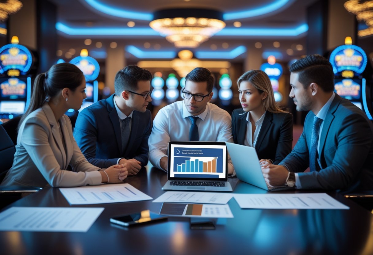 A group of professionals discussing documents and data in an office with blurred casino elements in the background.