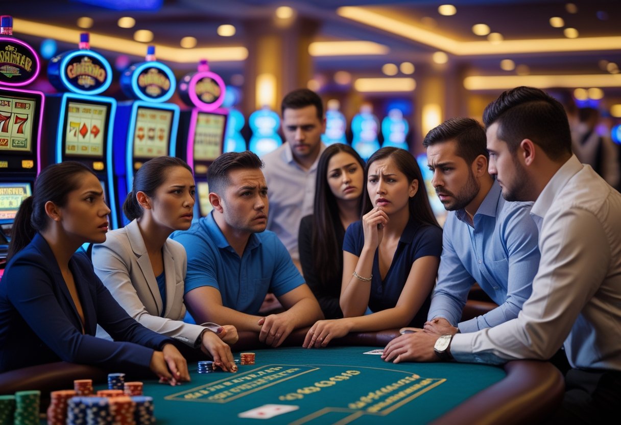 People in a casino showing frustration and discussing issues with customer service at gaming tables and slot machines.
