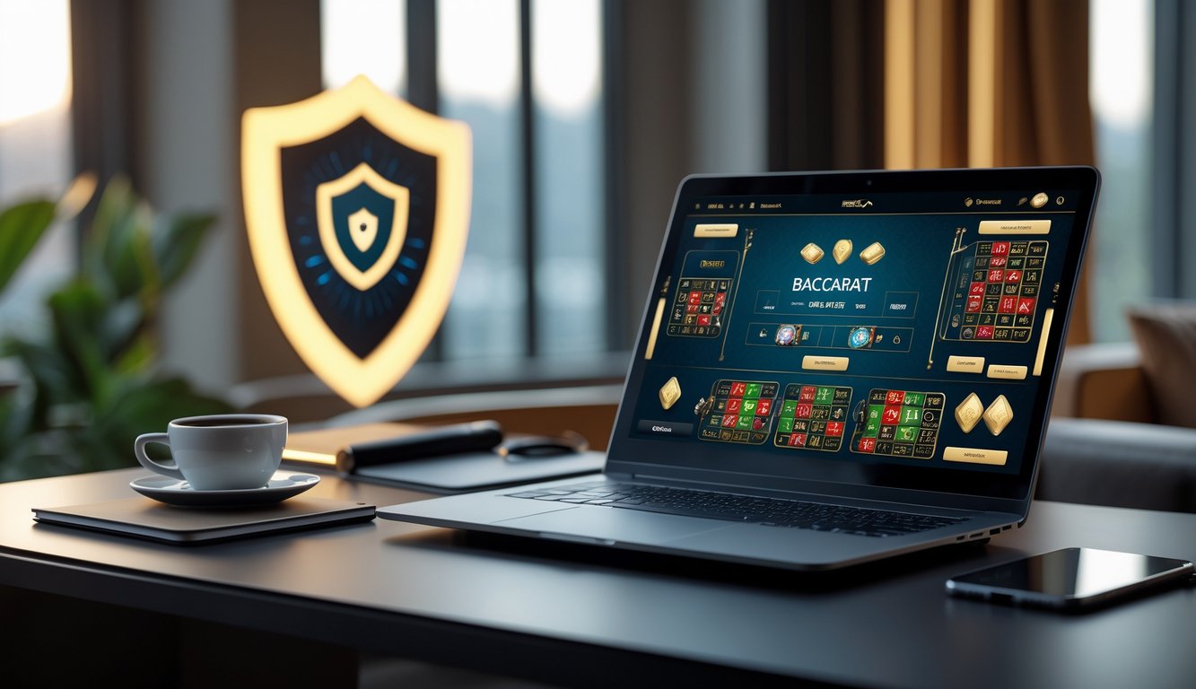 Sebuah meja kerja dengan komputer yang menampilkan permainan baccarat online, dikelilingi oleh suasana yang rapi dan nyaman.