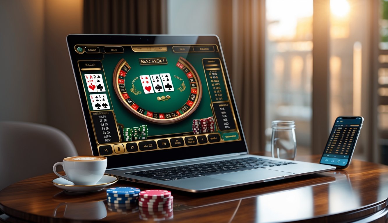 Seorang pria menggunakan laptop dengan permainan baccarat online di layar, dikelilingi oleh chip kasino dan ponsel di meja kayu.