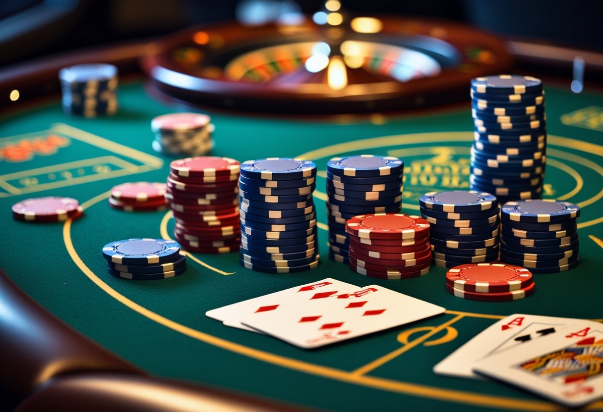 Close-up of a casino table with poker chips, playing cards, and a roulette wheel in the background.