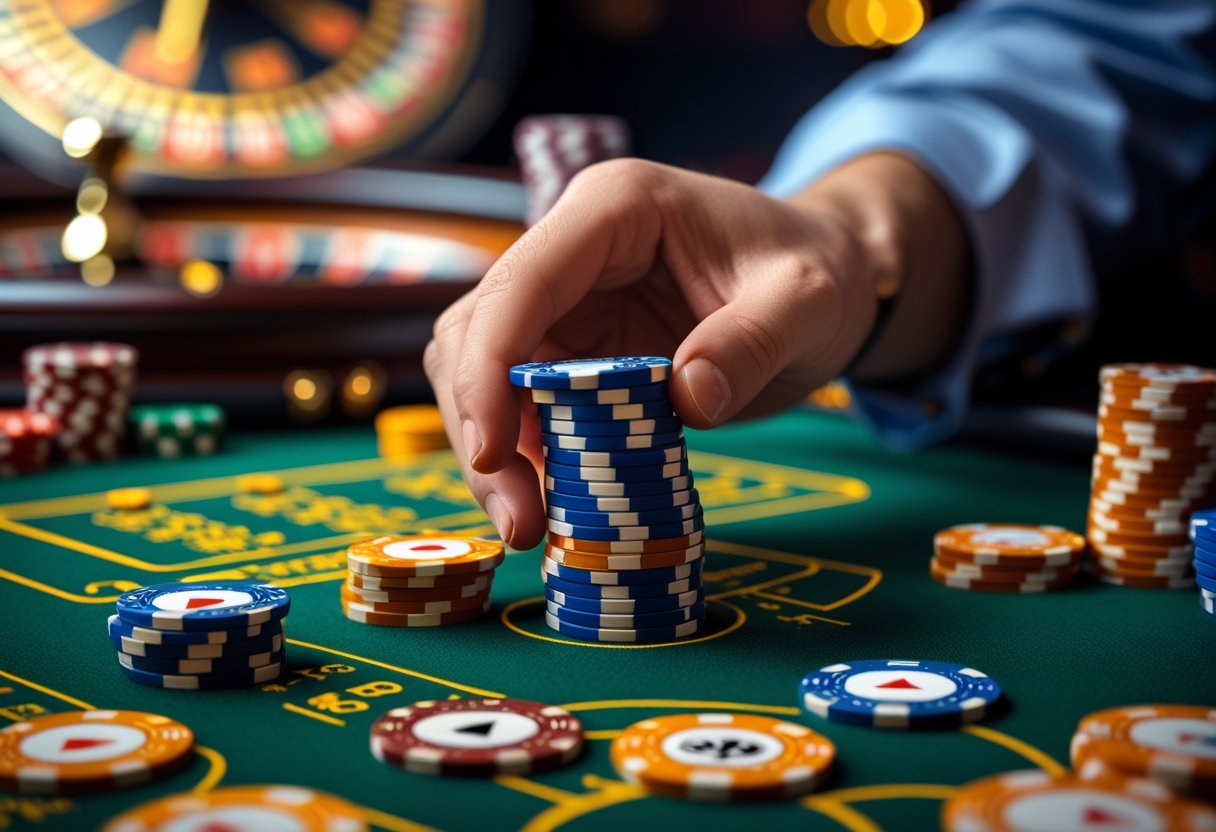 Close-up of a hand placing poker chips on a casino gaming table with playing cards and a roulette wheel in the background.