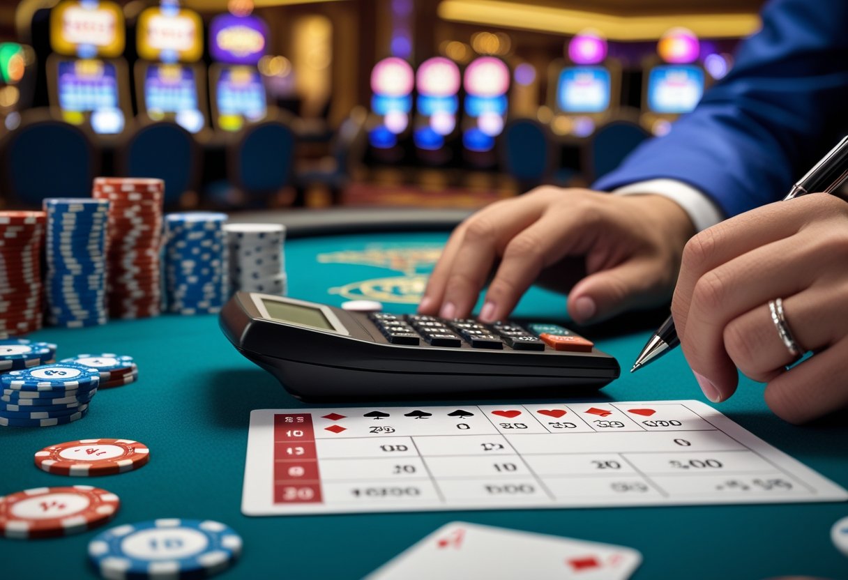 Close-up of hands using a calculator and pen over a financial chart with poker chips and playing cards on a casino table.