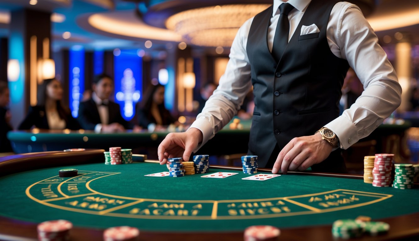 Seorang dealer berjubah rapi sedang membagikan kartu di meja baccarat hijau dengan tumpukan chip di kasino mewah.