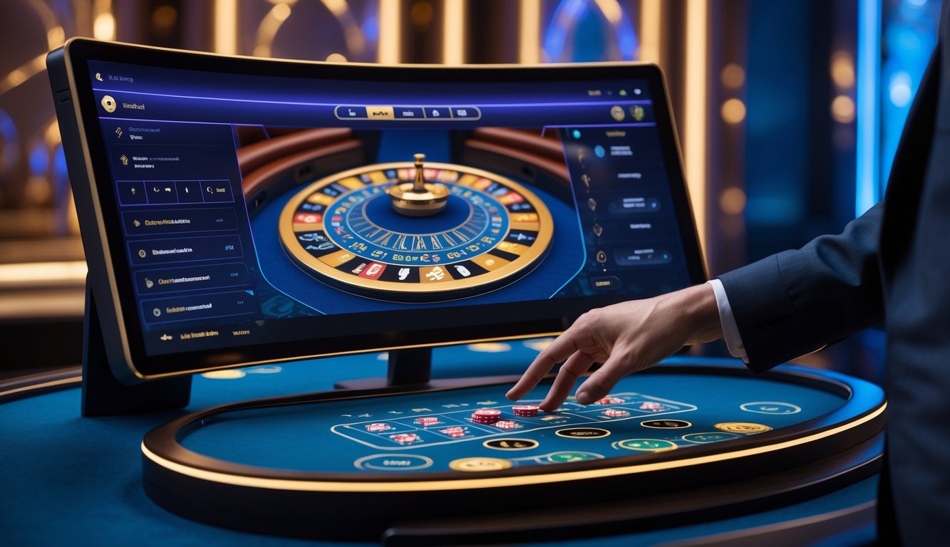 Tangan seseorang sedang bermain baccarat online di layar komputer dengan latar belakang suasana kasino mewah.