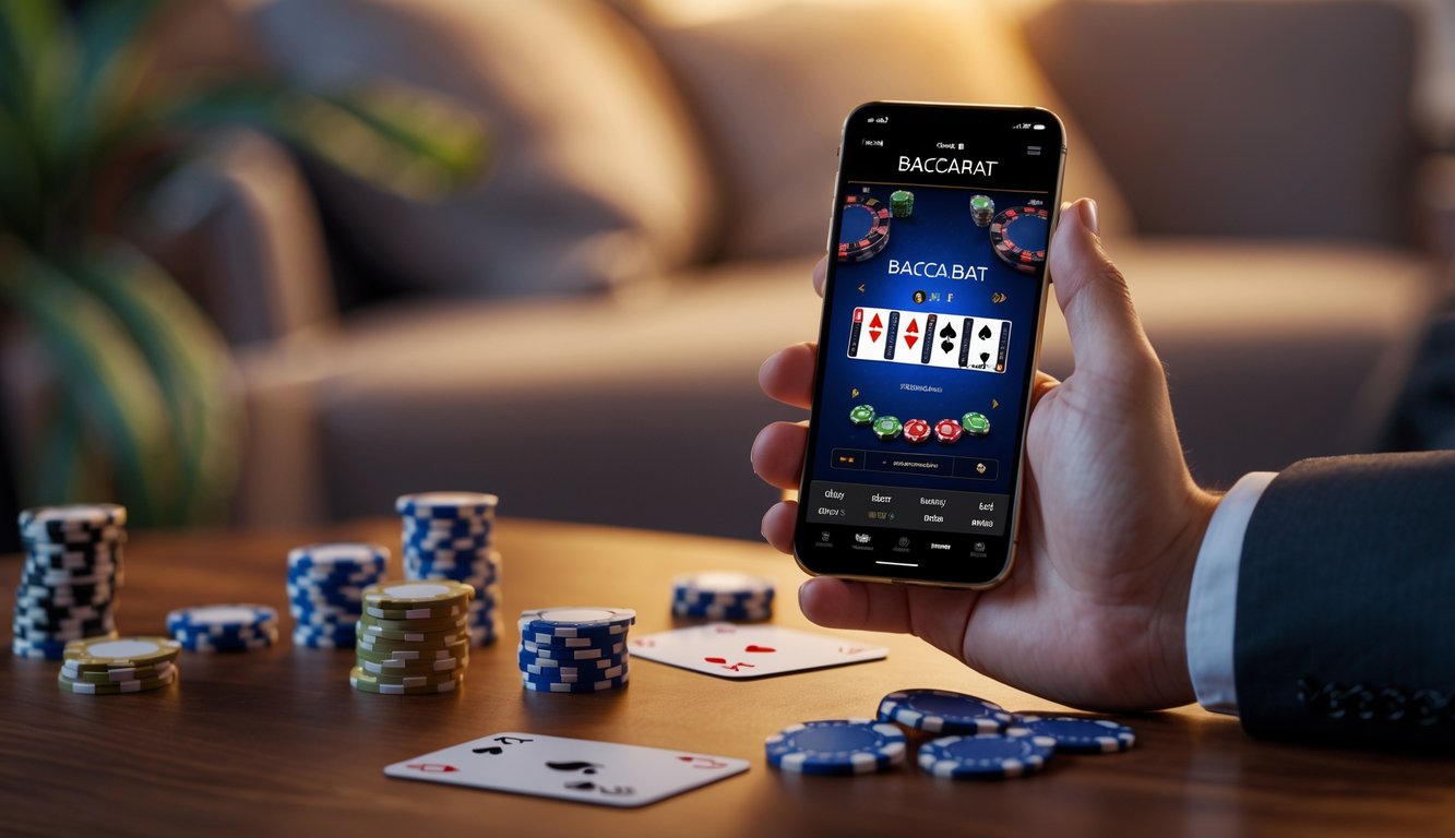 Seseorang memegang ponsel yang menampilkan permainan baccarat online dengan kartu dan chip di atas meja kayu.