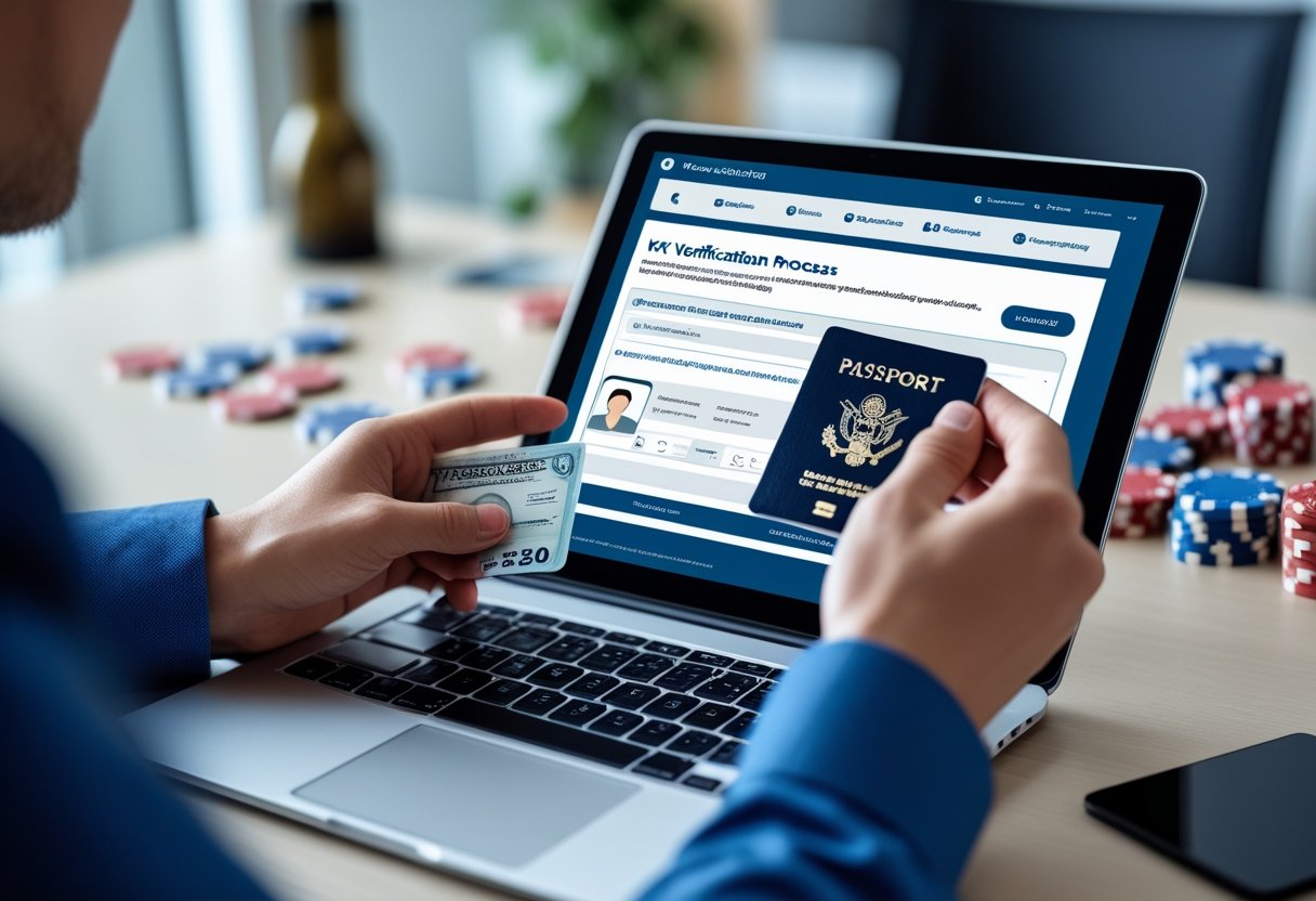 A person completing an identity verification process on a laptop with gambling items blurred in the background.
