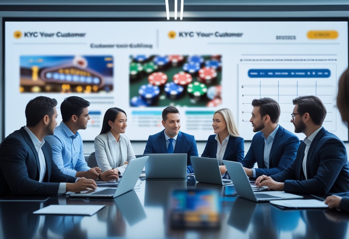 A group of business professionals discussing customer verification and compliance in a modern office with gambling-related visuals in the background.