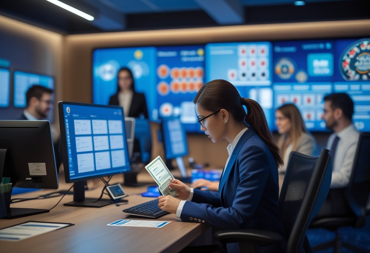 A professional office scene showing employees verifying customer identities with identification documents and computers, with gambling-related visuals in the background.