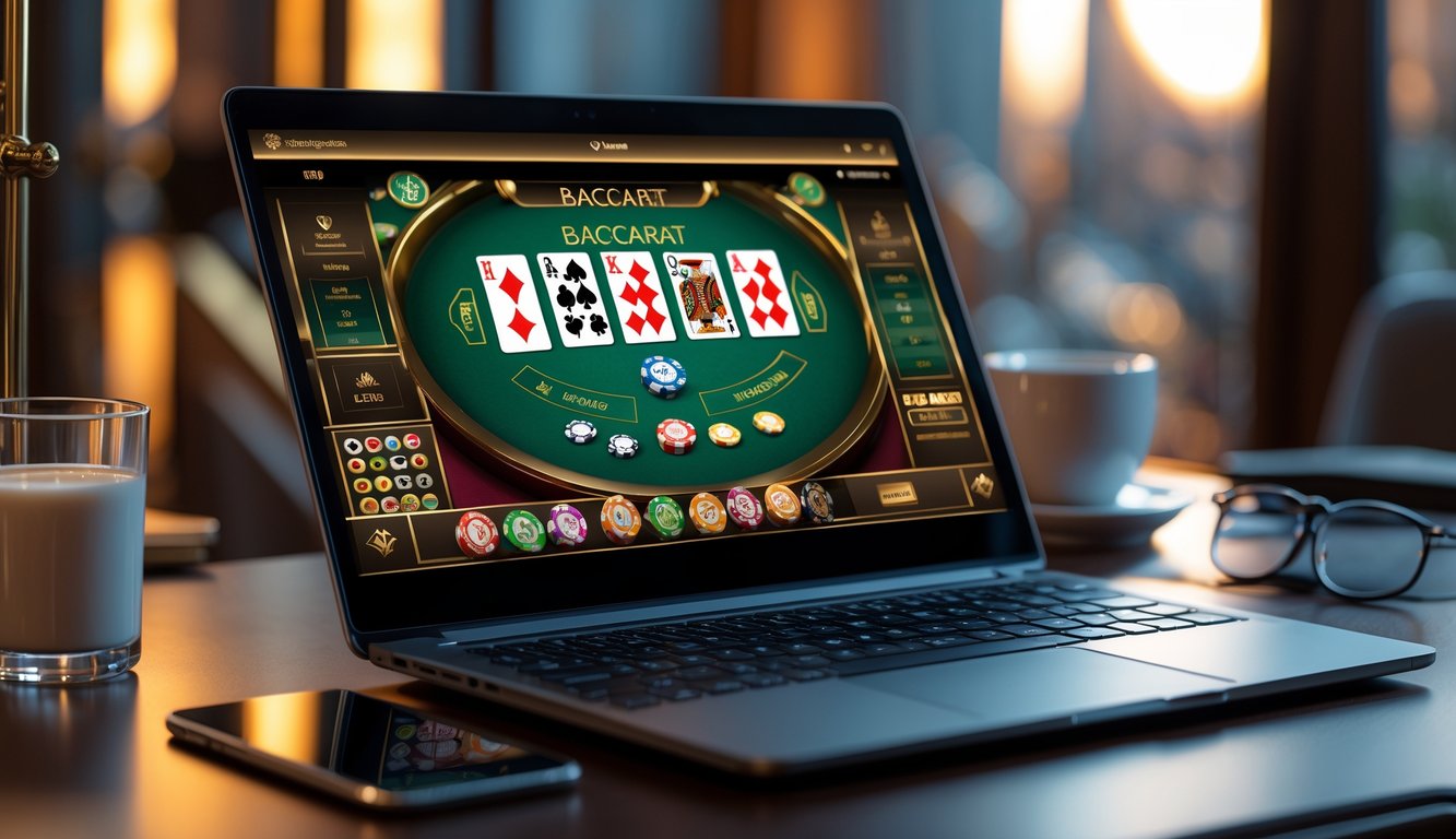 Seorang pemain menggunakan laptop dengan tampilan permainan baccarat online di meja kerja yang rapi.