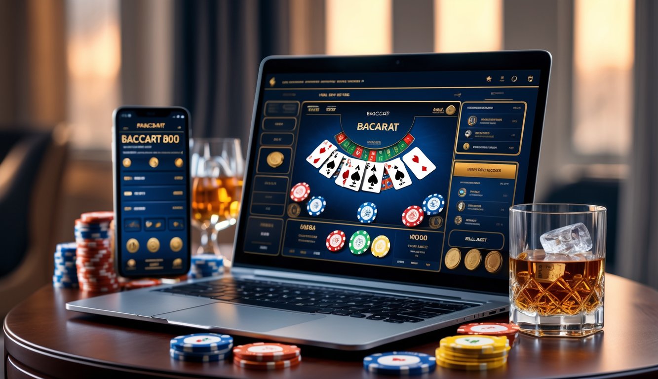 Sebuah laptop modern menampilkan permainan baccarat online dengan chip kasino dan ponsel di atas meja kayu, serta gelas whiskey di sampingnya.