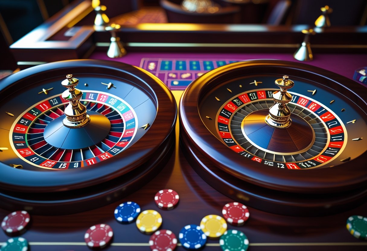 Two roulette wheels side by side on a casino table, one with a single zero and the other with single and double zero slots, surrounded by colorful chips.