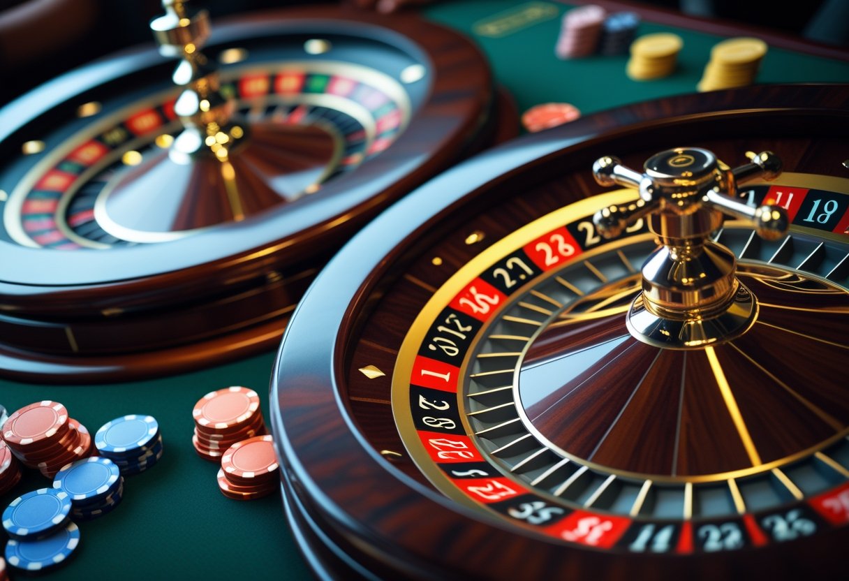 Close-up of European and American roulette wheels side by side on a casino table with chips around them.