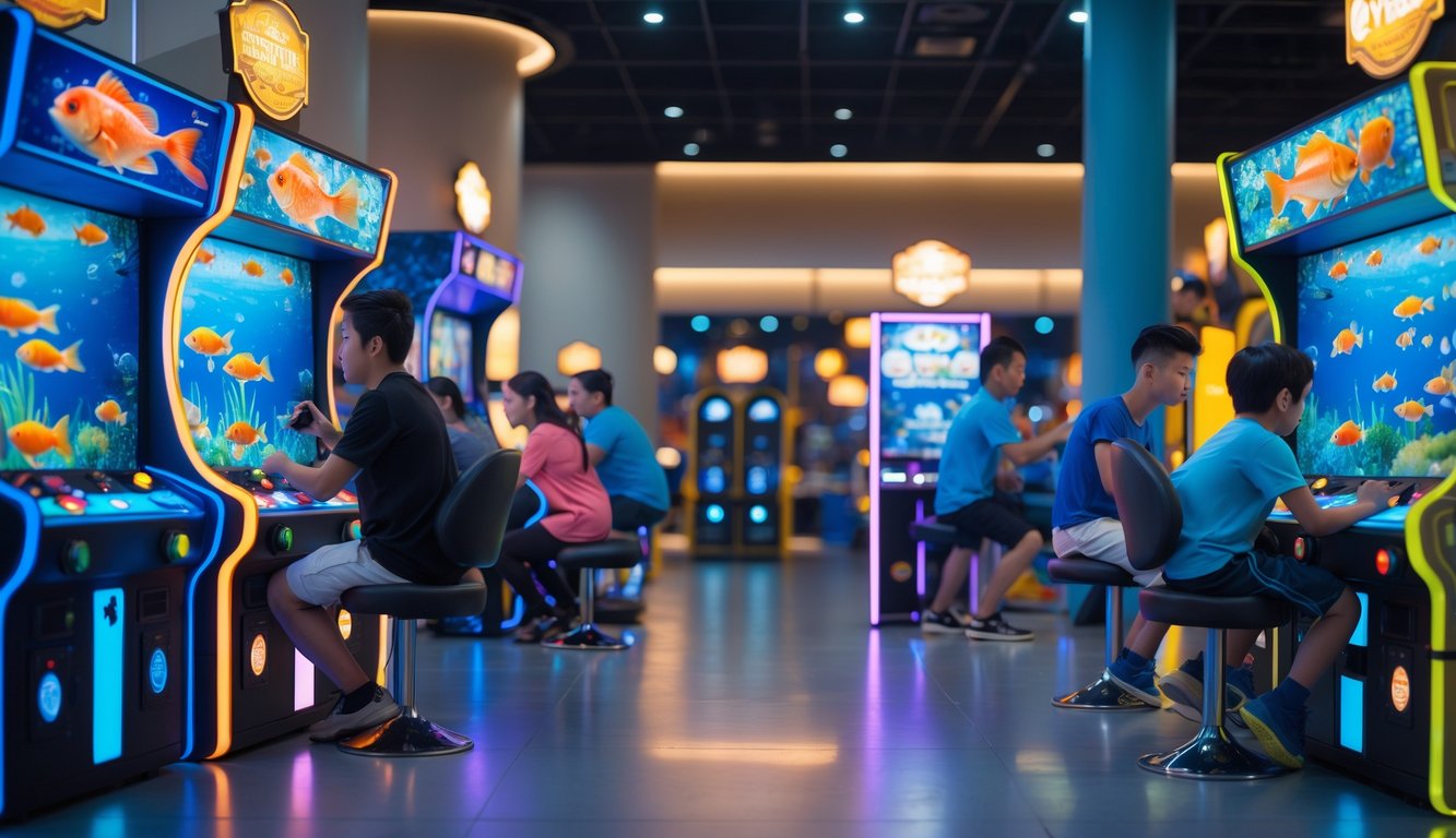 Pusat permainan arcade dengan mesin tembak ikan yang terang dan berwarna-warni, menampilkan beberapa pemain yang sedang bermain dengan fokus dan antusias.