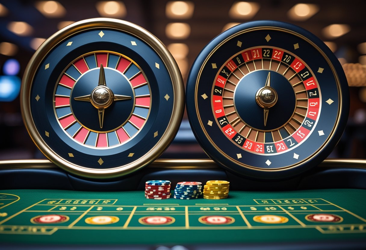 Close-up of a European roulette wheel and an American roulette wheel side by side on a casino table with chips placed on the felt.