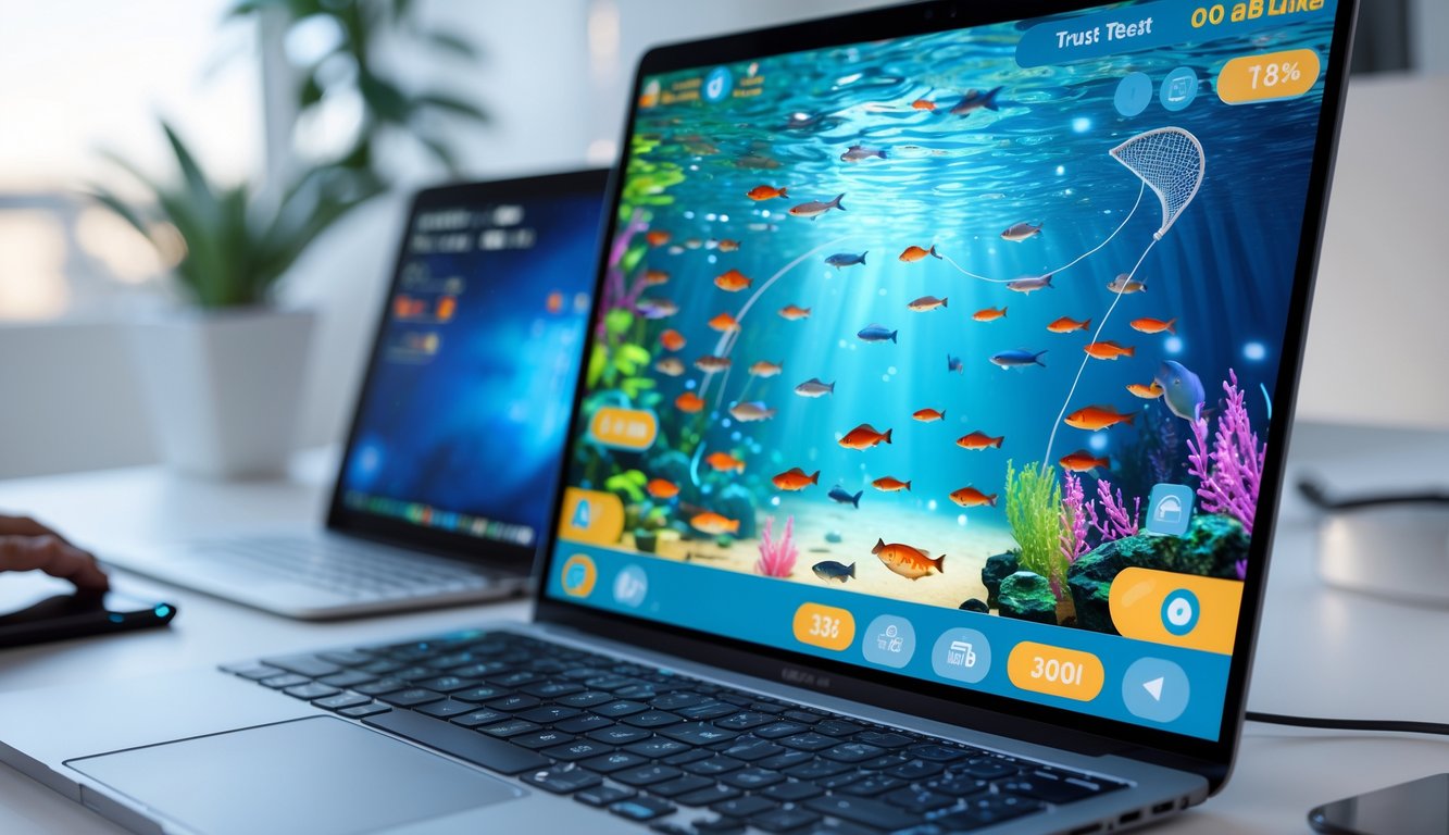 Layar komputer menampilkan permainan memancing ikan online dengan berbagai ikan berwarna-warni di bawah laut digital, di meja kerja yang rapi dengan perangkat teknologi di sekitarnya.