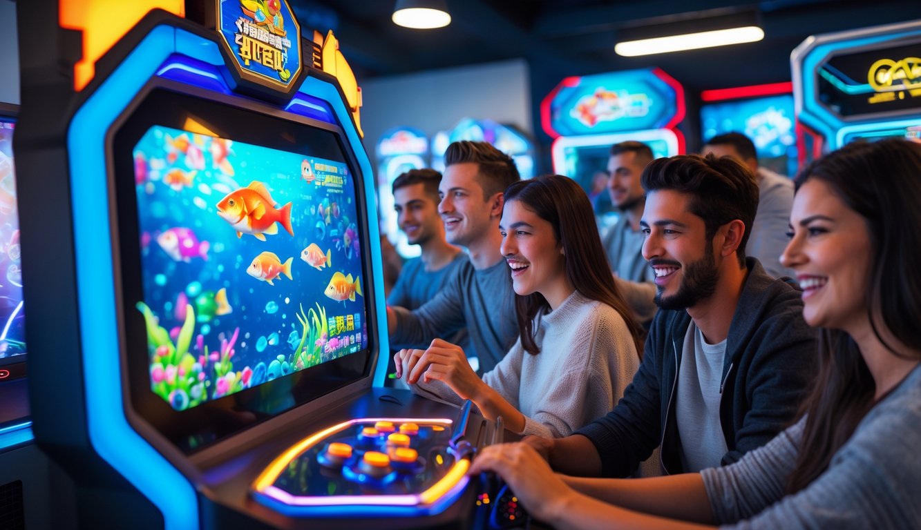 Sekelompok orang muda bermain permainan tembak ikan di mesin arcade modern dengan lampu LED berwarna-warni di ruangan permainan yang terang dan futuristik.
