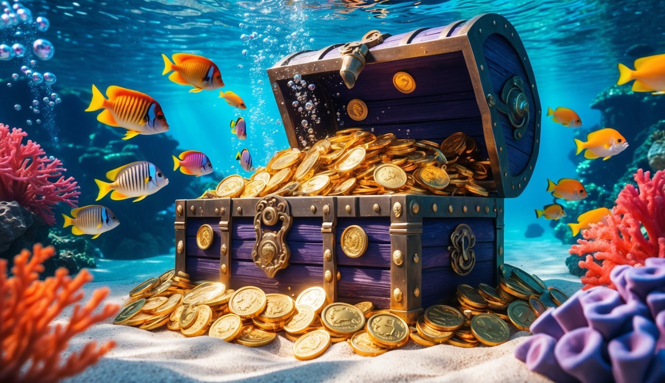 Pemandangan bawah laut dengan ikan tropis berwarna-warni berenang di sekitar peti harta karun yang penuh dengan koin emas dan permata.