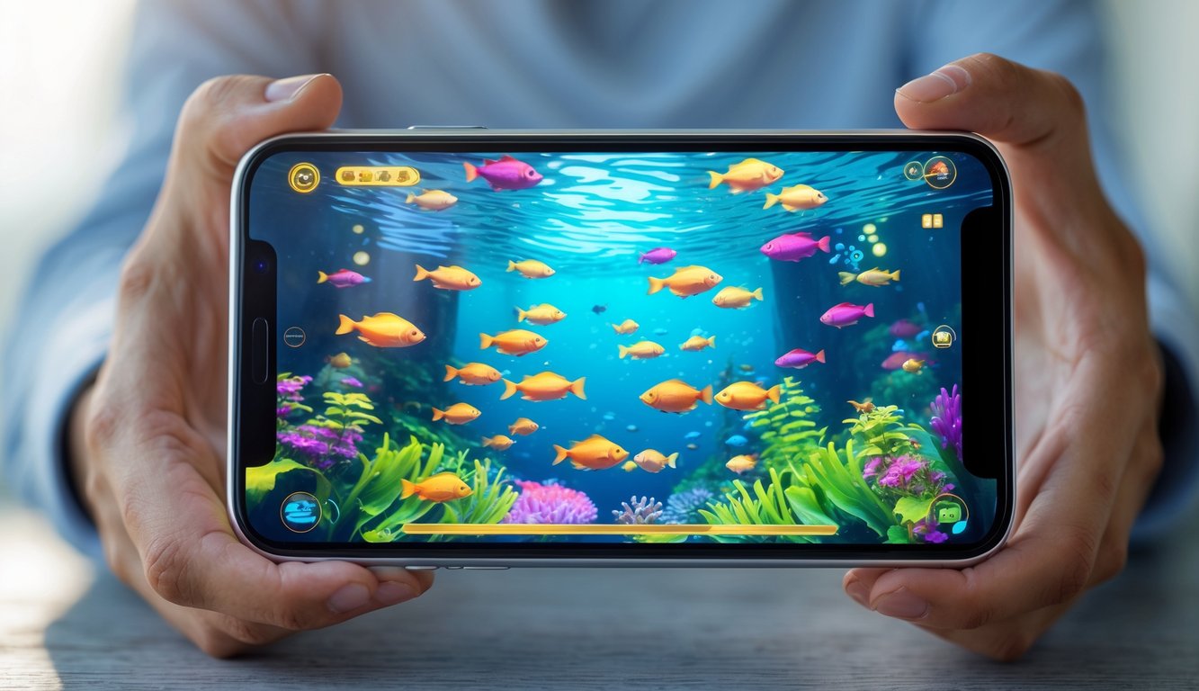 Seseorang memegang ponsel yang menampilkan permainan menembak ikan dengan latar belakang buram.
