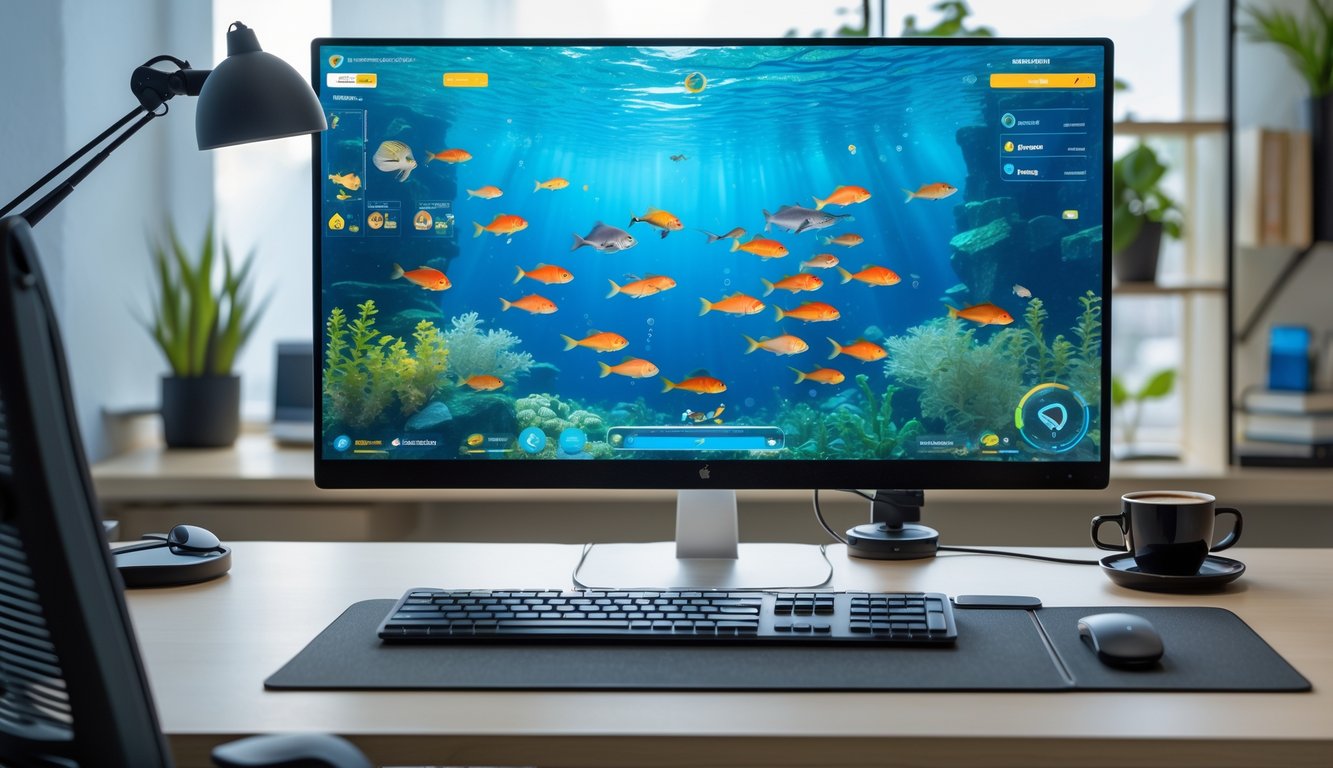 Seorang pengguna bermain permainan memancing ikan secara online di komputer di meja kerja yang rapi dan terang.