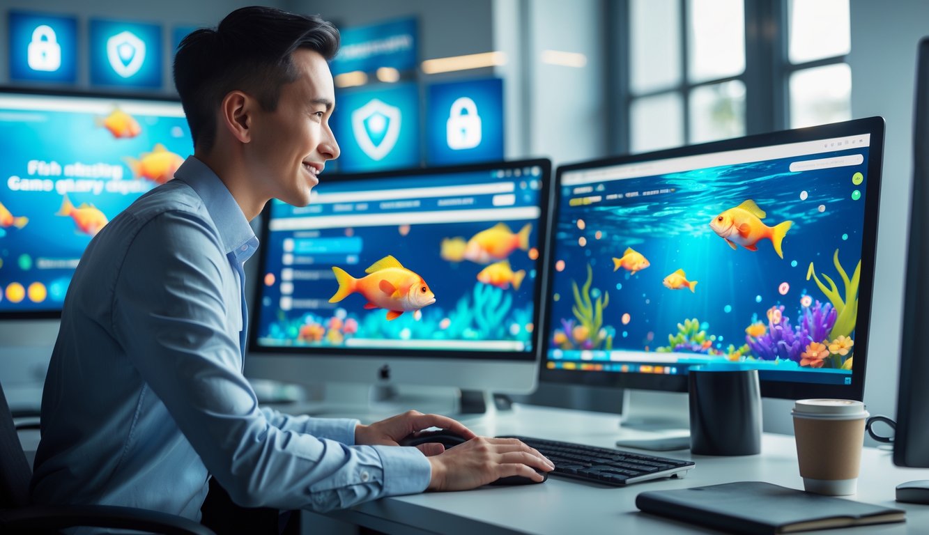 Seseorang sedang menggunakan komputer dengan layar menampilkan permainan menembak ikan, di meja kerja yang rapi dan modern.