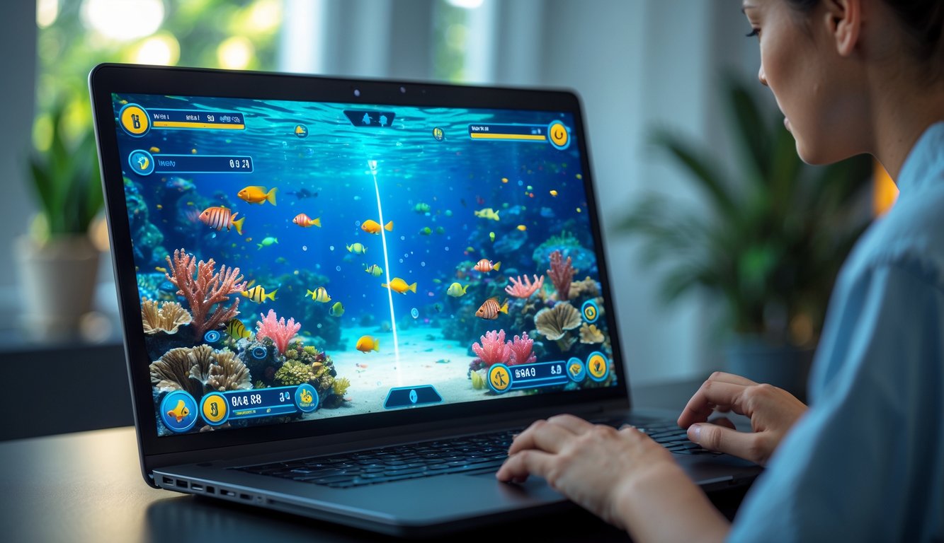 Seorang pemain menggunakan komputer untuk bermain permainan menembak ikan secara online dengan latar belakang ikan berwarna-warni di bawah laut.