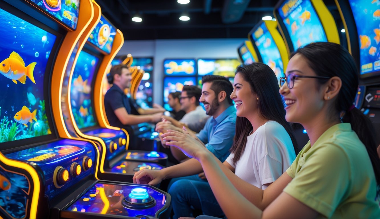 Suasana arcade modern dengan beberapa mesin permainan tembak ikan yang berwarna cerah dan pemain yang sedang asyik bermain.