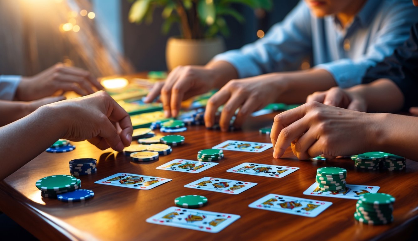 Suasana permainan kartu Capsa Judi Tergacor dengan beberapa tangan pemain yang sedang meletakkan kartu dan chip di atas meja kayu.