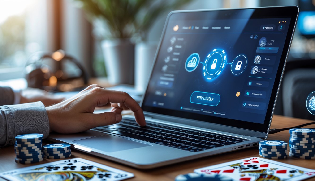 Seorang pria duduk di depan laptop dengan tampilan permainan kartu digital, dikelilingi chip poker dan kartu remi di meja yang rapi.