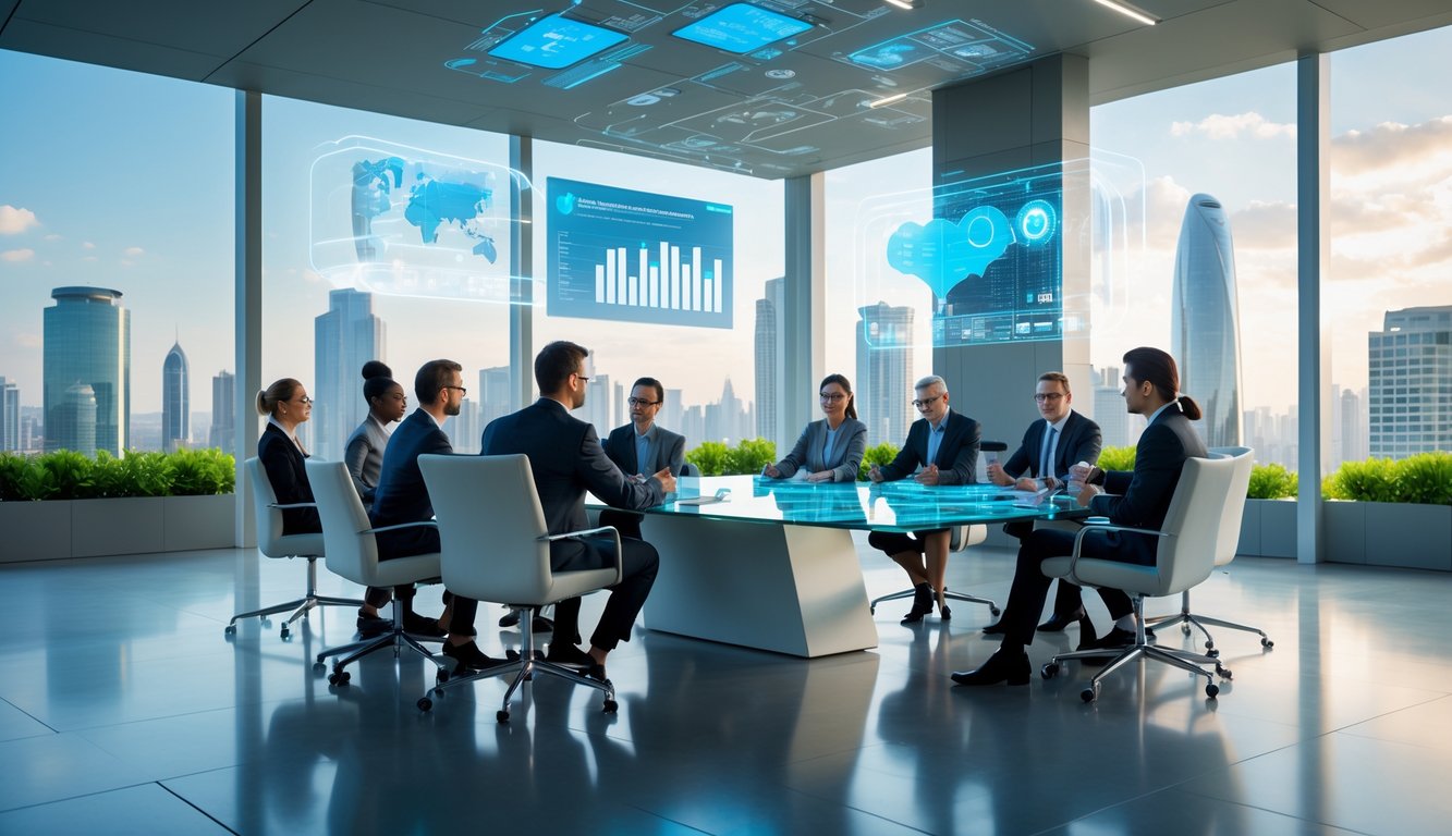 Sekelompok profesional bisnis sedang rapat di ruang konferensi modern dengan layar holografik dan pemandangan kota di latar belakang.