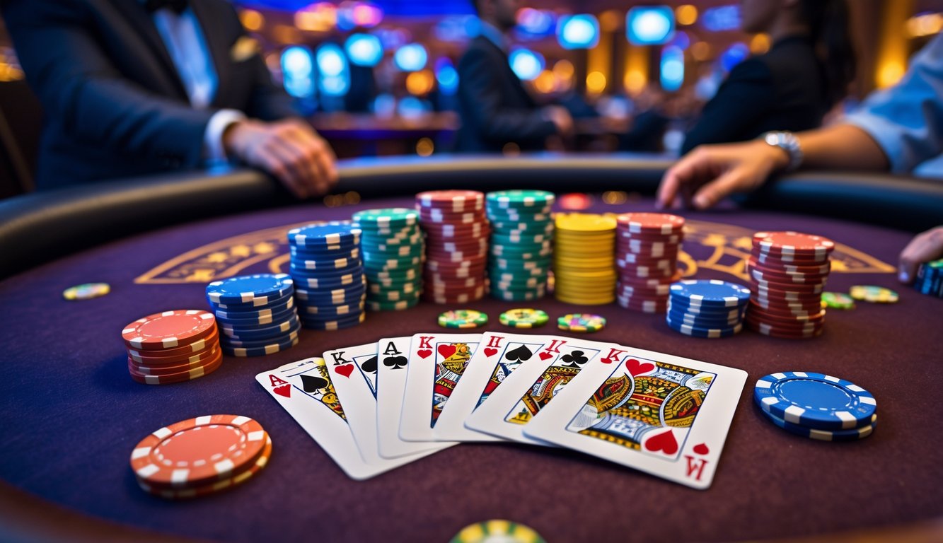 Meja kasino dengan kartu remi dan tumpukan chip poker berwarna-warni di suasana yang ramai dan mewah.