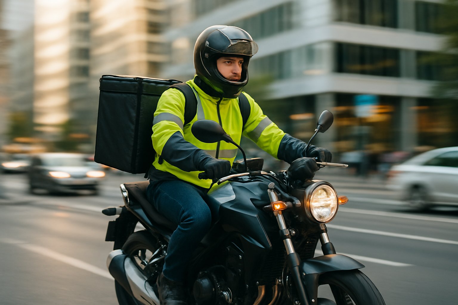 A courier riding a motorcycle with a delivery box through a busy city street.