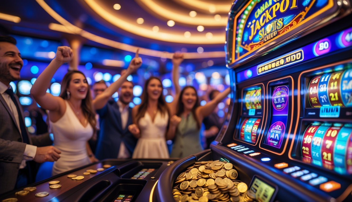 Orang-orang merayakan kemenangan besar di mesin slot jackpot di dalam kasino.