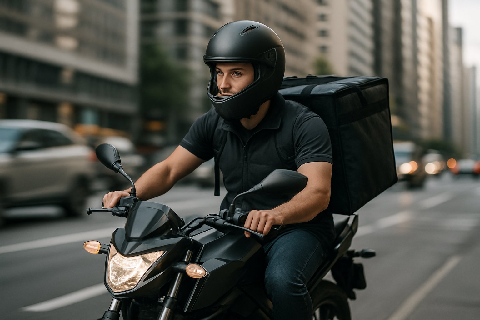 A courier riding a motorcycle with delivery bags through a busy city street.