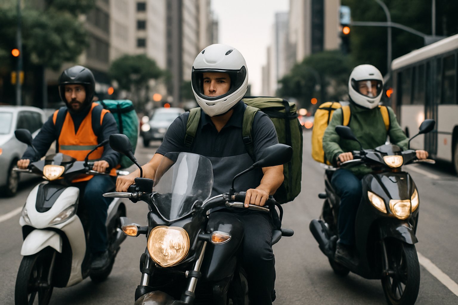 Motorcycle couriers riding through busy city traffic with delivery boxes on their bikes.