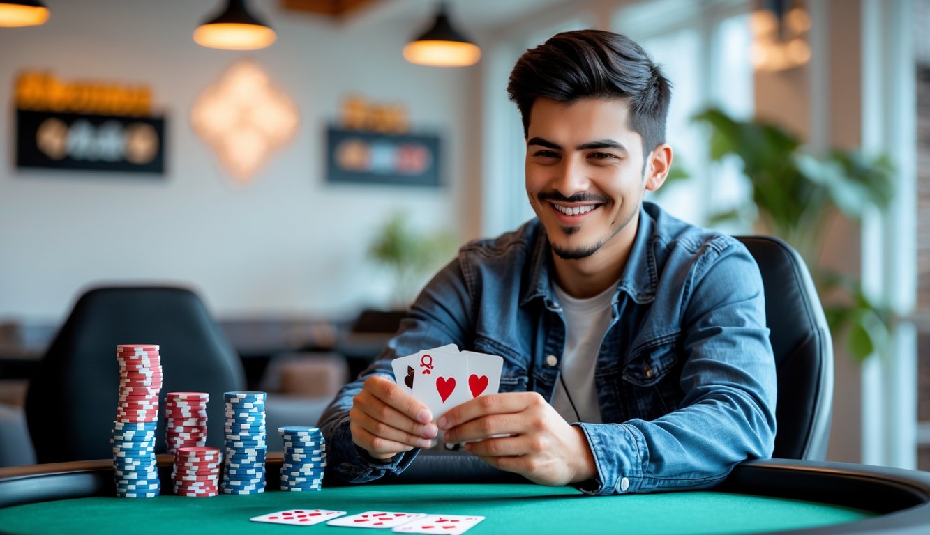 Seorang dewasa muda yang percaya diri sedang bermain Capsa di meja permainan dengan kartu dan tumpukan chip poker.