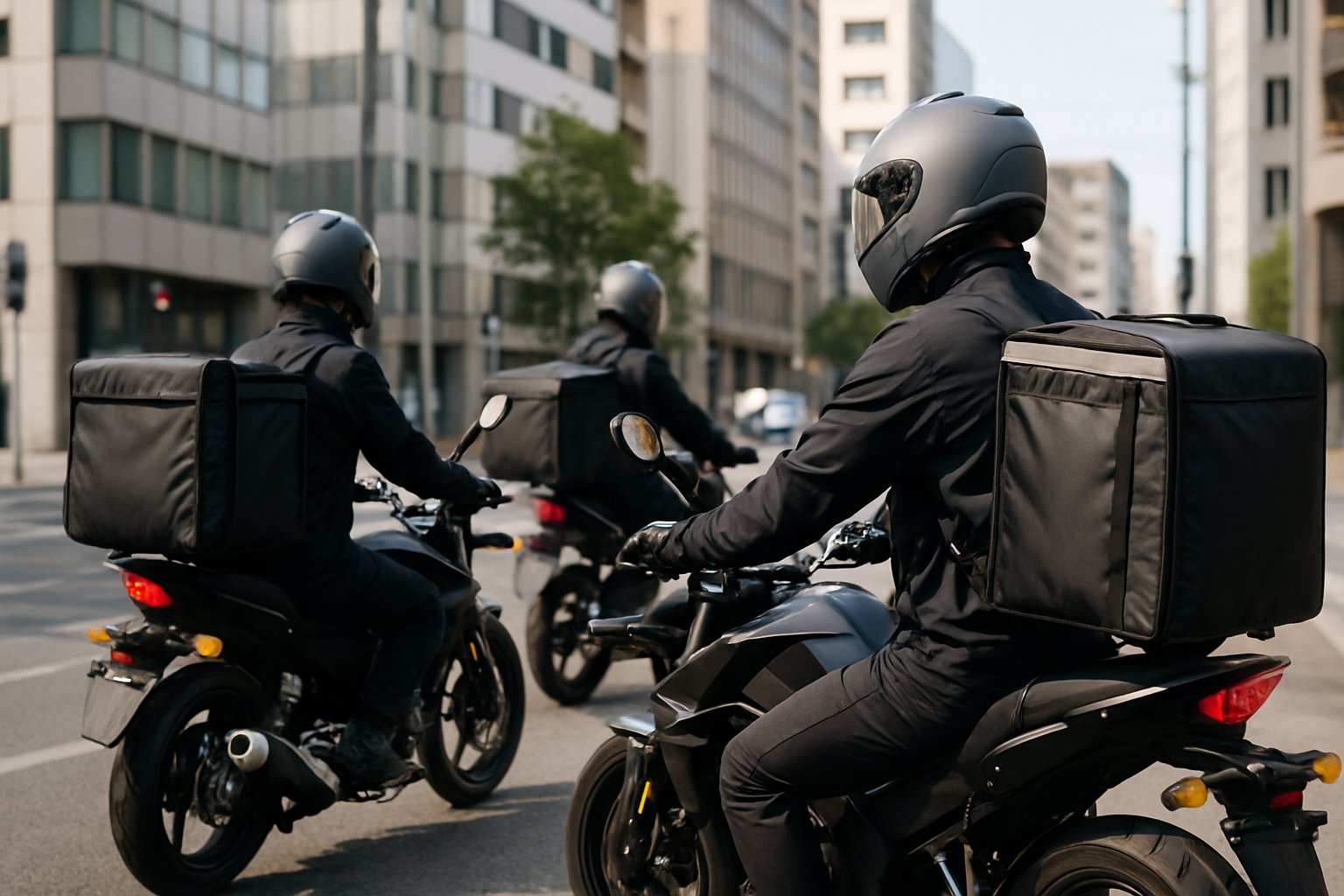 Couriers on motorcycles in an urban setting delivering packages during the day.