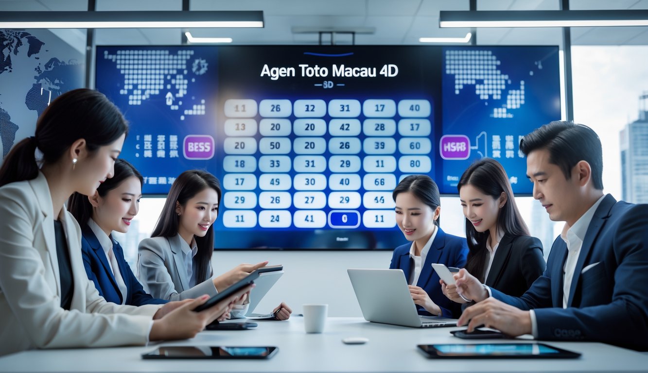 Seorang kelompok orang sedang berdiskusi dan melihat layar digital di kantor modern yang berhubungan dengan aktivitas togel Macau 4D.
