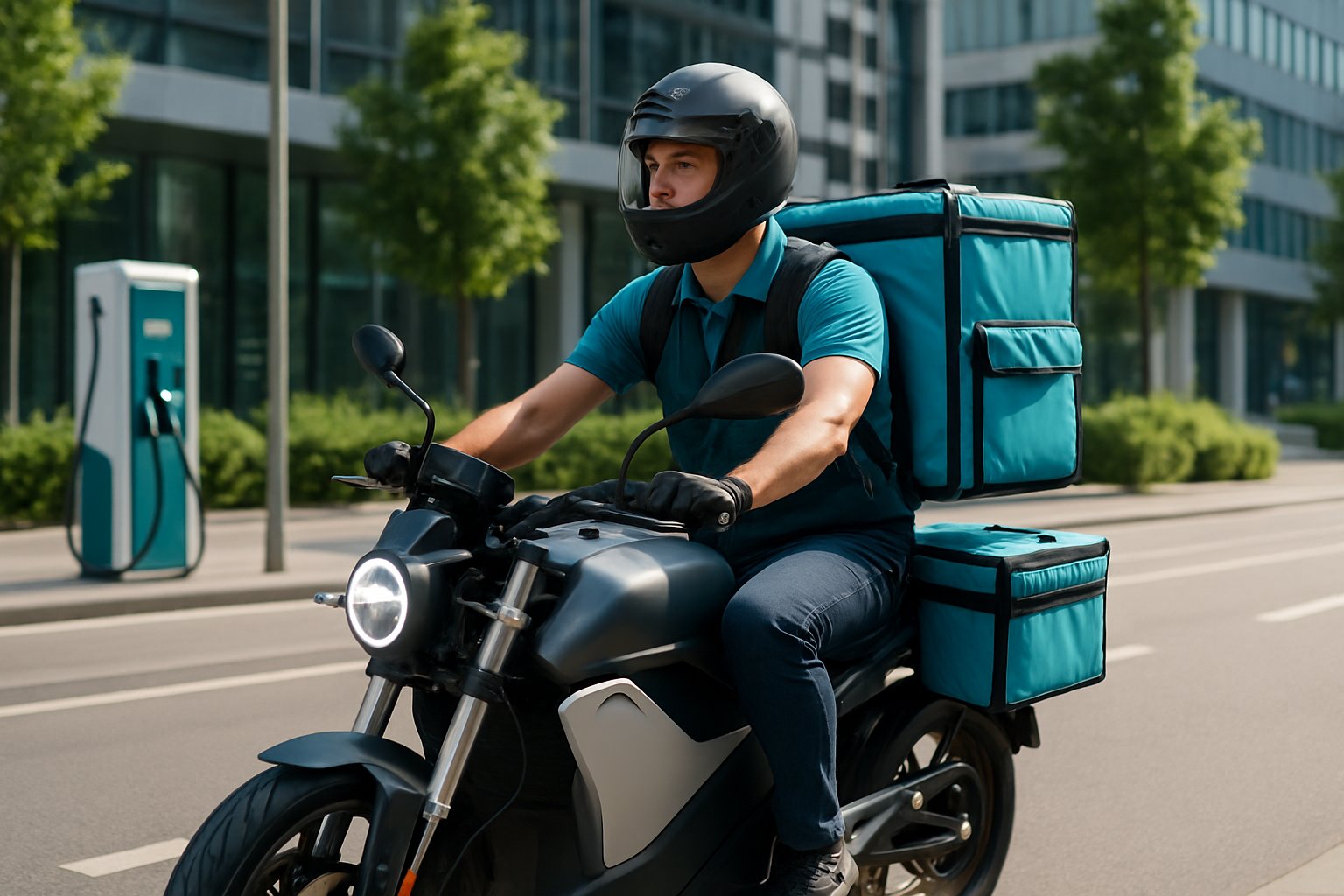 A delivery rider on an electric motorcycle carrying insulated bags rides through a busy city street with electric vehicle charging stations and greenery.