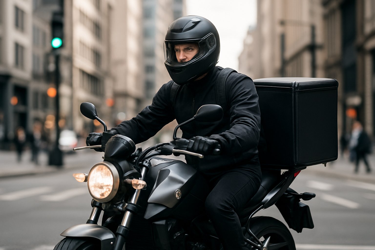 A motorcycle courier riding through a city street wearing a helmet and protective gear with a delivery box on the motorcycle.