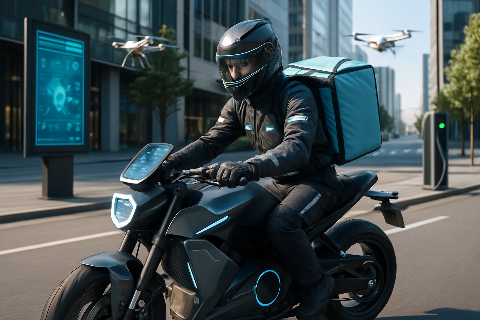 A motorcycle courier riding a futuristic electric motorcycle through a modern city street with advanced technology and delivery drones in the background.